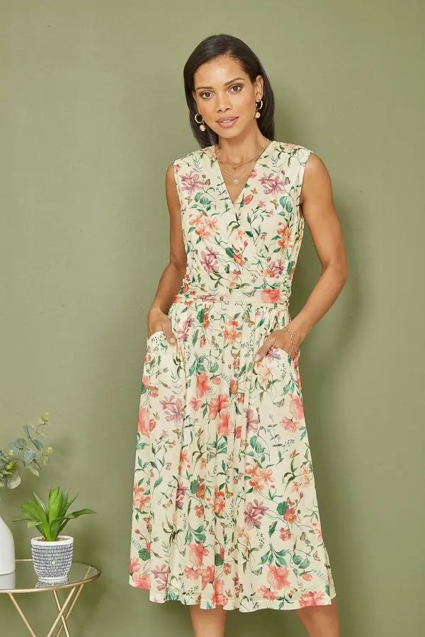 Ivory Floral Print Mesh Stretch Midi Dress With Pockets