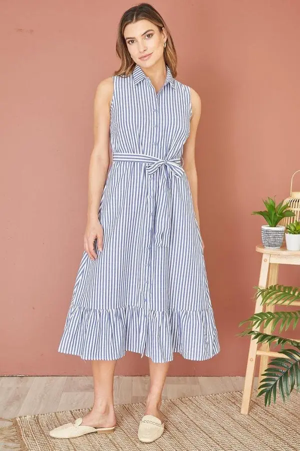 Blue Striped Sleeveless Midi Shirt Dress