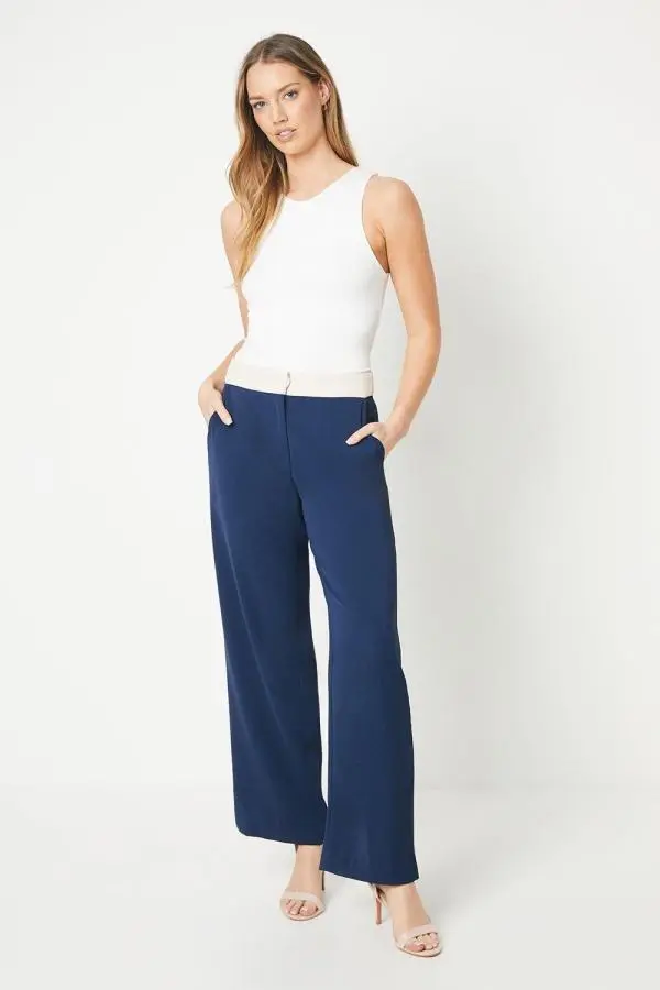 Contrast Waistband Wide Leg Trouser