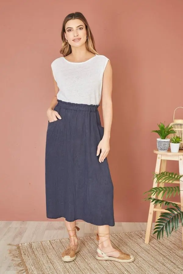 Navy Italian Linen Midi Skirt With Pockets