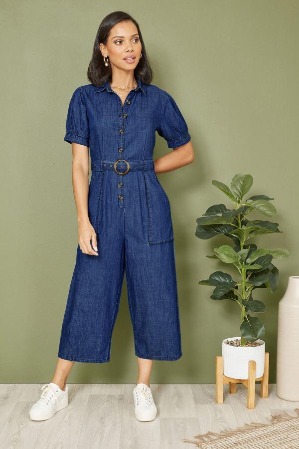 Blue Cotton Chambray Button Up Jumpsuit