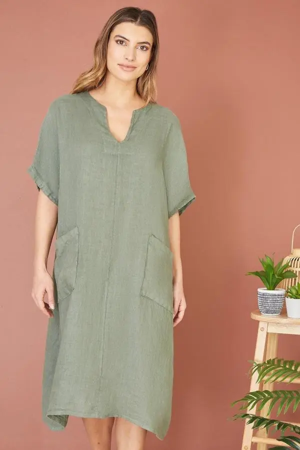 Khaki Italian Linen Tunic With Front Pockets