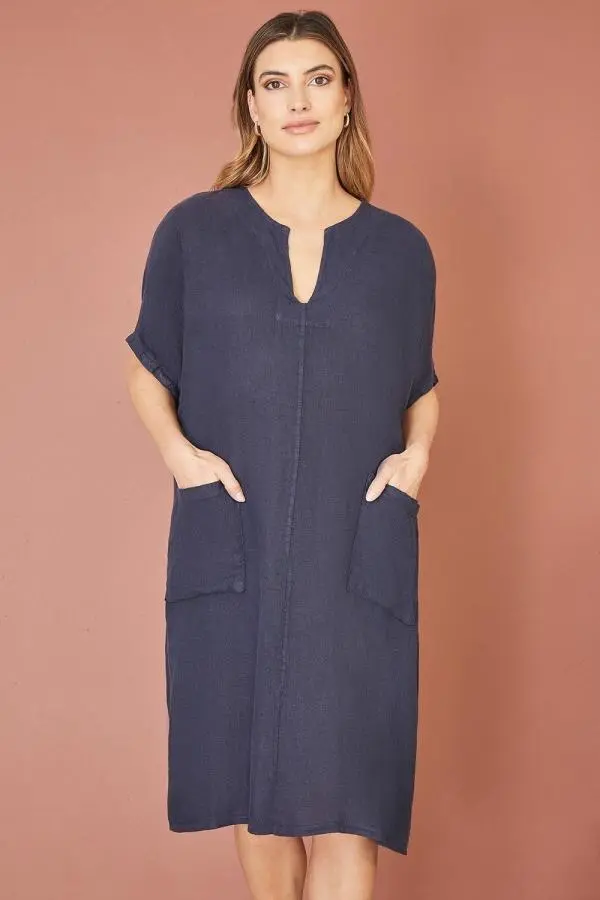 Navy Italian Linen Tunic With Front Pockets