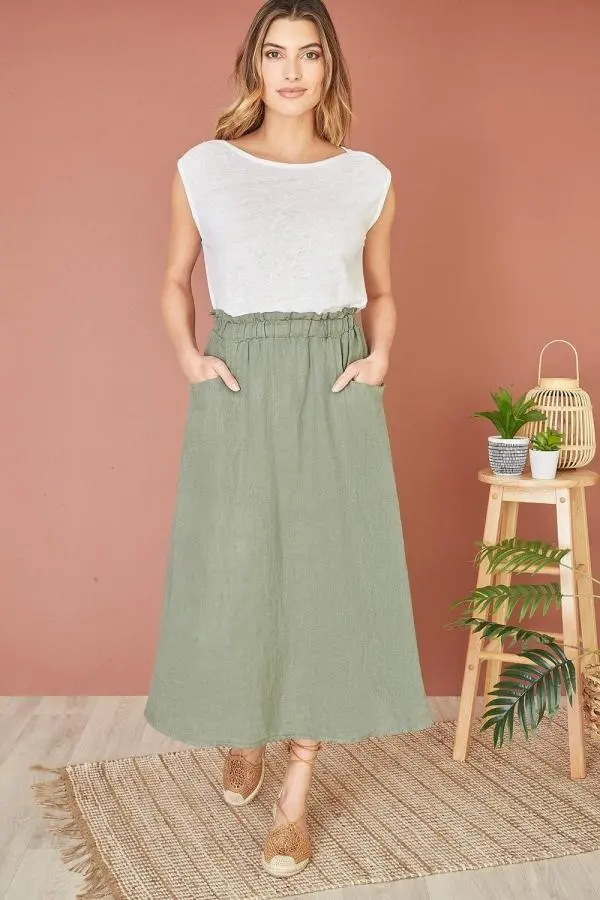 Khaki Italian Linen Midi Skirt With Pockets