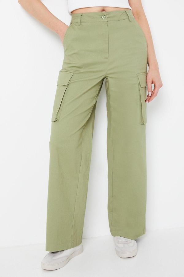 Twill Cargo Pocket Detail Wide Leg Trousers