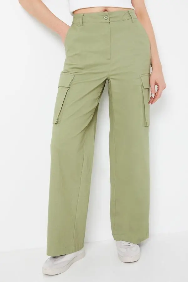 Twill Cargo Pocket Detail Wide Leg Trousers