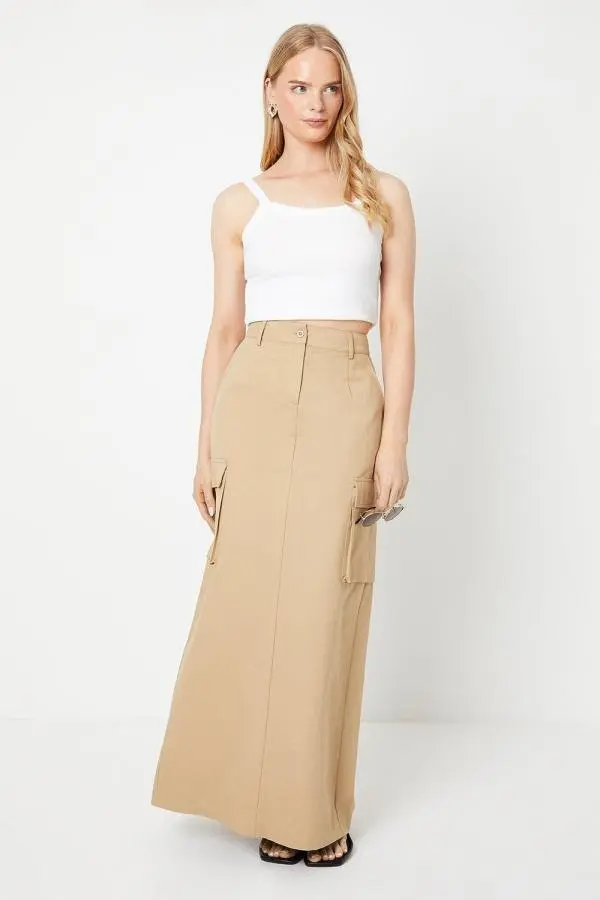 Twill Cargo Split Front Maxi Skirt