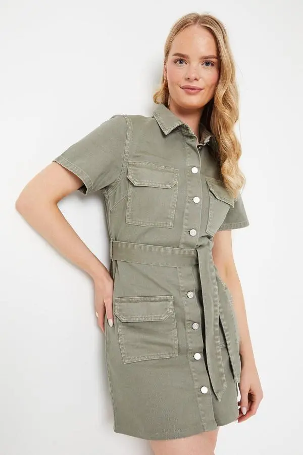 Denim Belted Button Through Mini Dress