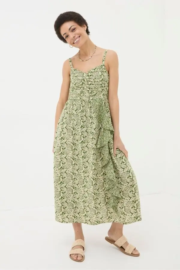 Fat Face - Lucia Green Damask Floral Linen Blend Midi Dress