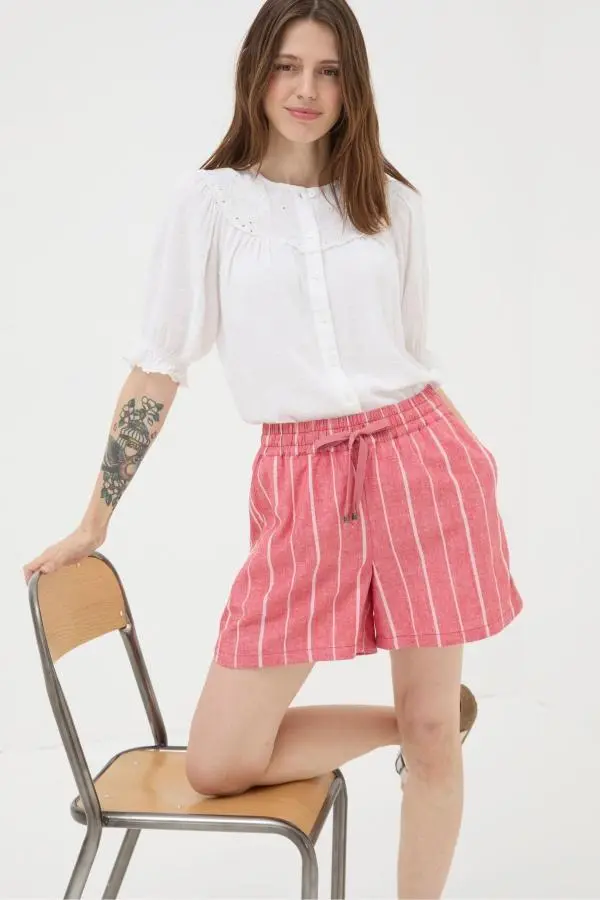 Fat Face - Tenby Red Linen Blend Stripe Shorts