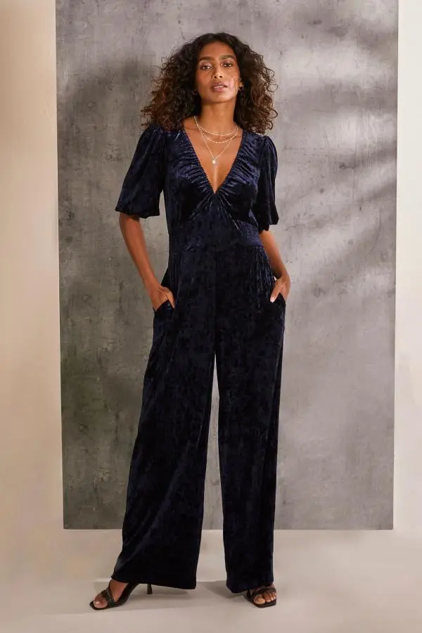 Fat Face - Greta Blue Velvet Jumpsuit