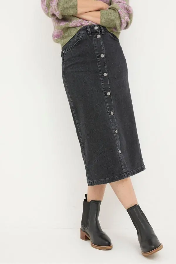 Fat Face - Darna Black Denim Midi Skirt