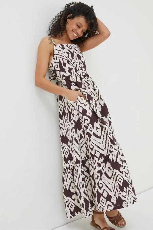 Fat Face - Brown Ikat Julien Linen Midi Dress