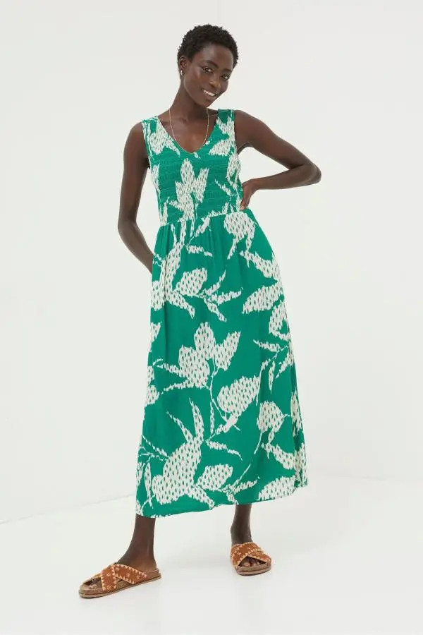 Fat Face - Green Textured Leaves Midi Dress