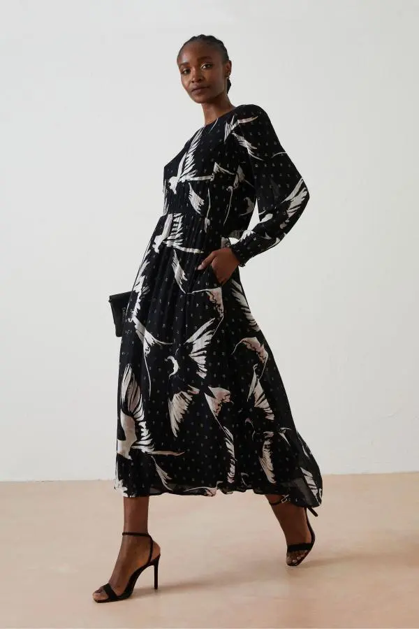 Fat Face - Black Elaine Swallow Print Midi Dress