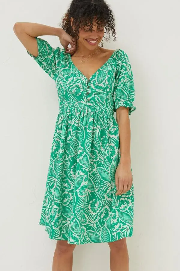 Fat Face - Green Aideen Linen Blend Leaf Dress