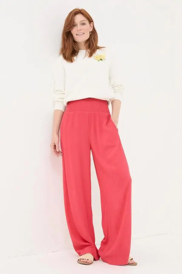 Fat Face - Red Shirred Wide Leg Palazzo Trousers