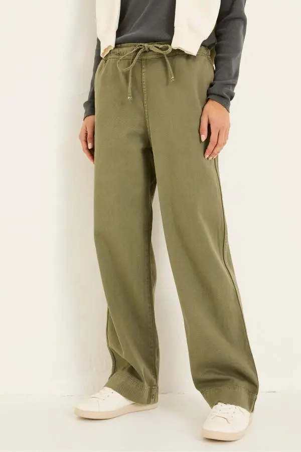 Fat Face - Ashby Khaki Green Wide Leg 100% Cotton Trousers