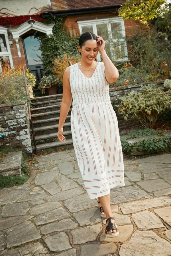 Fat Face - Aria Natural Stripe Midi Dress With Linen