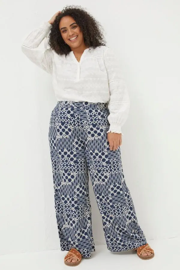 Fat Face - Blue Isla Patchwork Geo Wide Leg Trousers