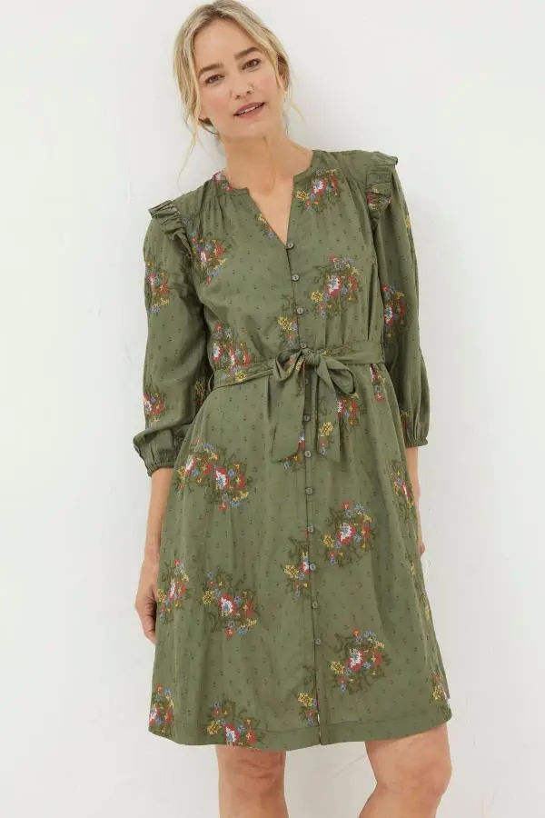 Fat Face - Green Embroidered Shirt Dress