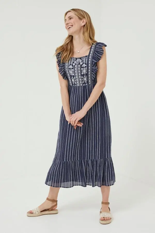 Fat Face - Blue Izzi Stripe Embroidered Dress