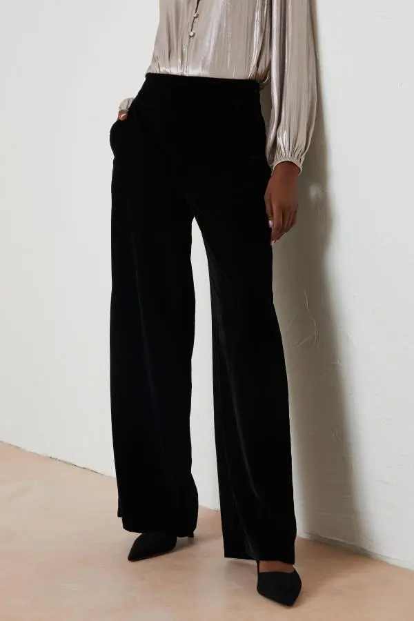 Fat Face - Black Wide Leg Velvet Trousers