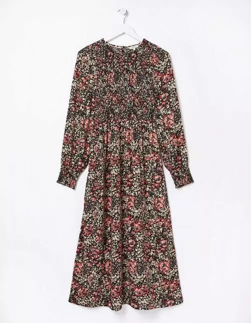 Fern Shirred Floral Print Midi Dress