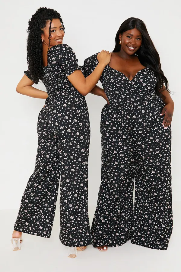 Floral Sweetheart Neck Wide Leg Jumpsuit