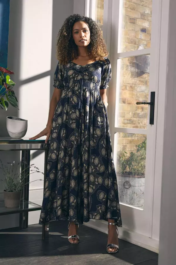 Printed Shirred Waist Maxi Dress