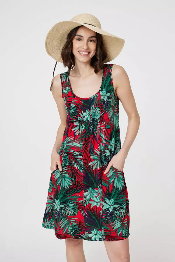 Leaf Print Sleeveless Tunic Dress