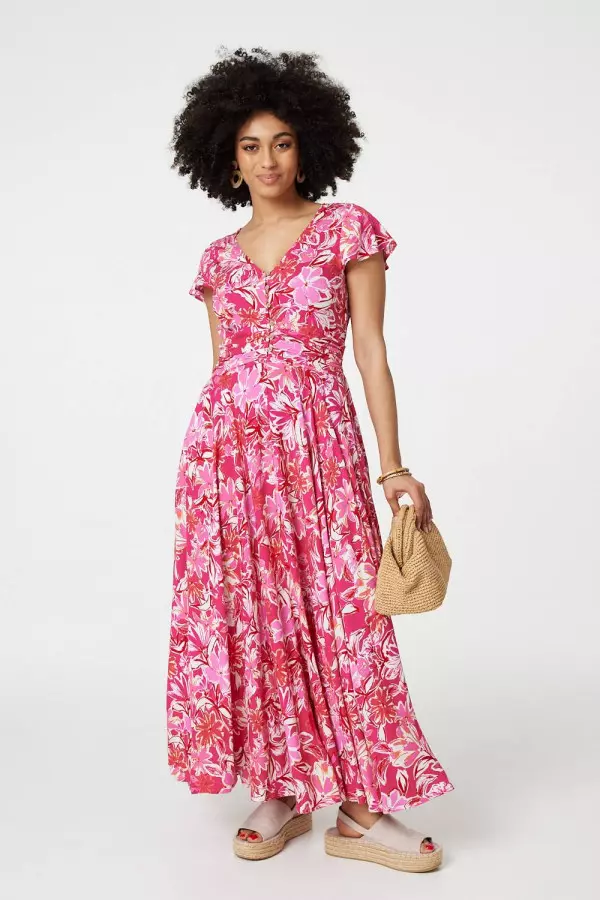Floral Ruched V-Neck Maxi Dress In Pink