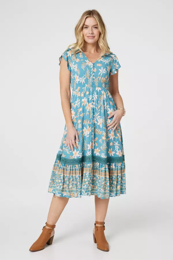 Floral V-Neck Shirred Midi Dress