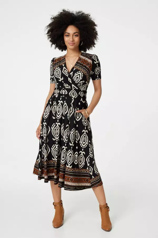 Printed 1/2 Sleeve Pleated Wrap Dress