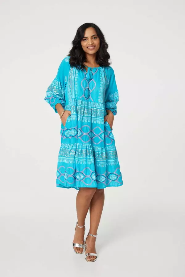 Printed Puff Sleeve Relaxed Swing Dress