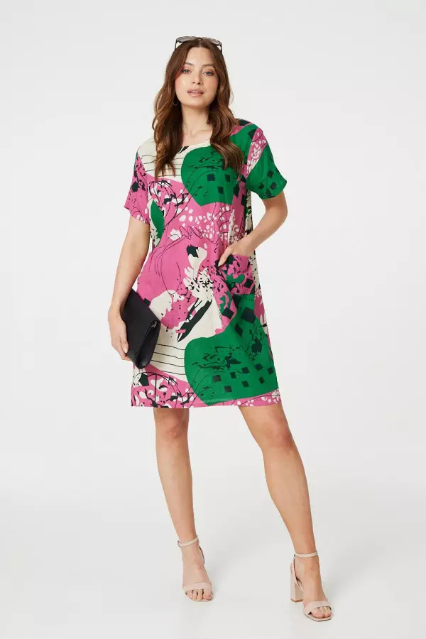 Printed Short Sleeve Relaxed Tunic Dress