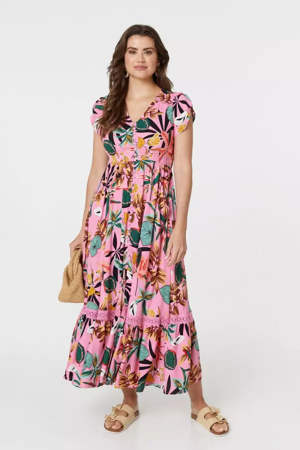 Tropical Print Angel Sleeve Maxi Dress