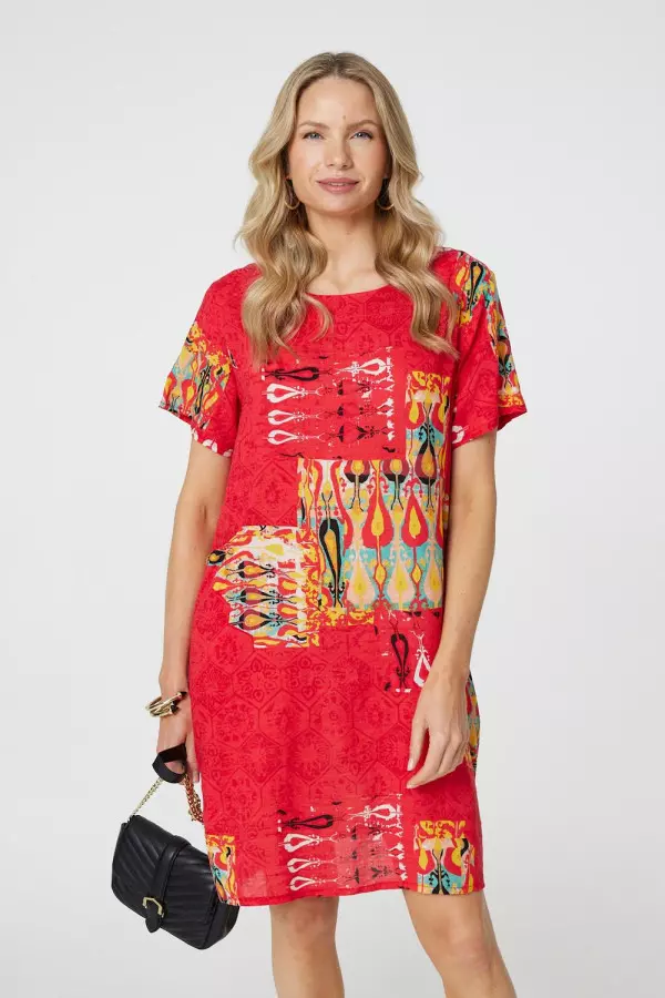 Printed Round Neck Relaxed Shift Dress