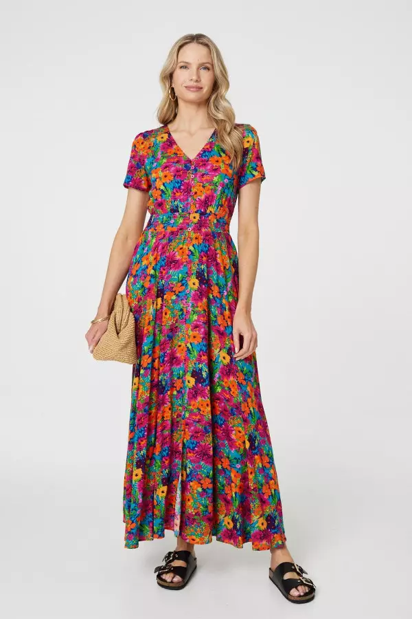 Floral V-Neck Short Sleeve Maxi Dress