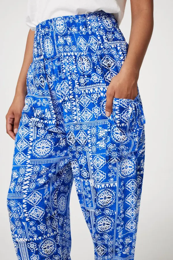 Tile Print Tie Pocket Harem Pants