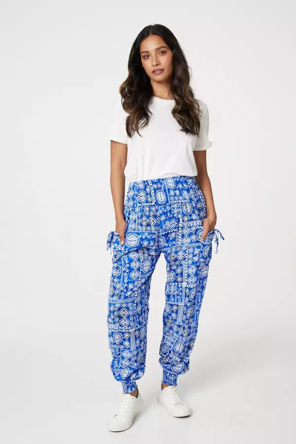 Tile Print Tie Pocket Harem Pants