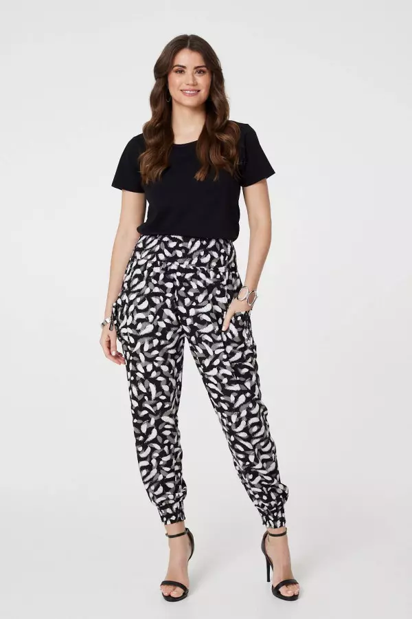 Feather Print Harem Pants with Pockets