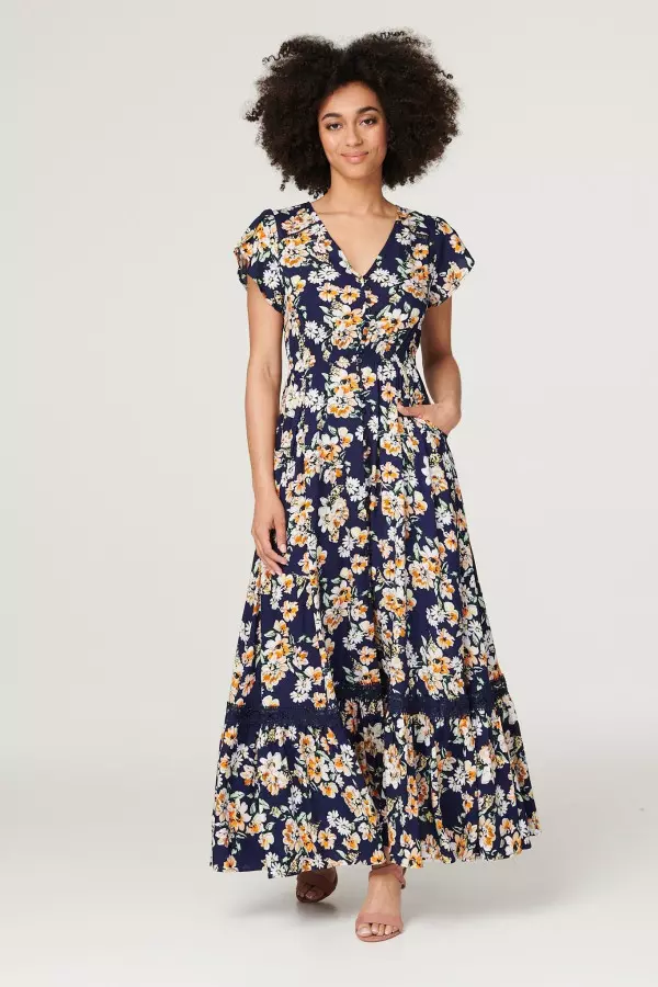 Floral Frill Sleeve Maxi Dress