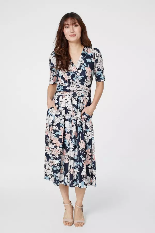 Floral V-Neck Short Sleeve Midi Dress