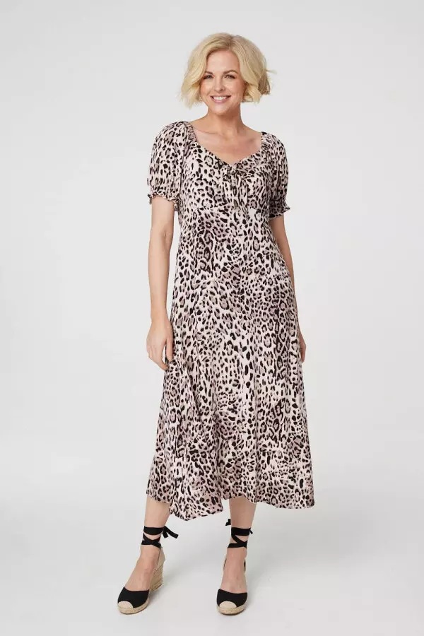 Animal Print Tie Front Midi Dress