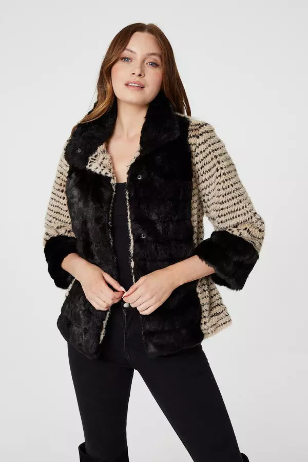 Striped Faux Fur 3/4 Sleeve Jacket