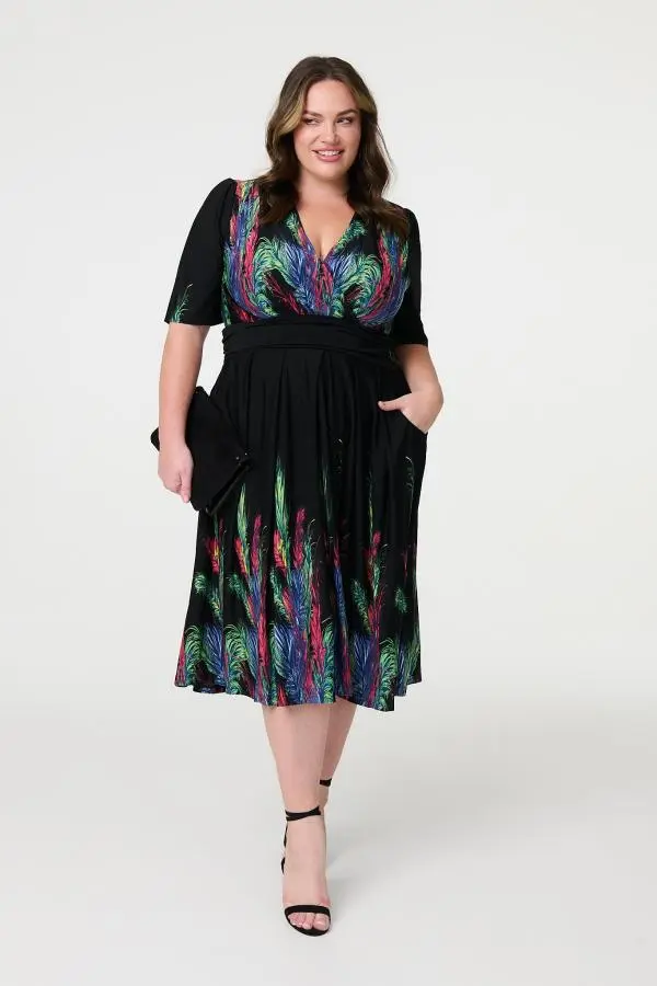 Feather Print Faux Wrap Front Midi Dress