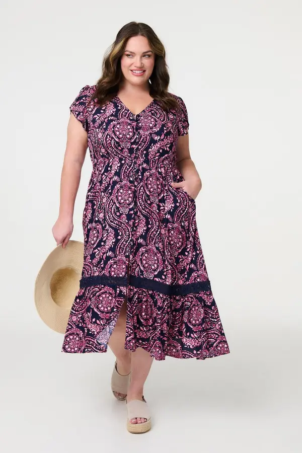 Printed Short Sleeve Lace Trim Maxi Dress