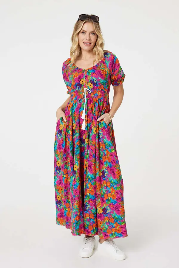 Floral Drawstring Empire Waist Maxi Dress