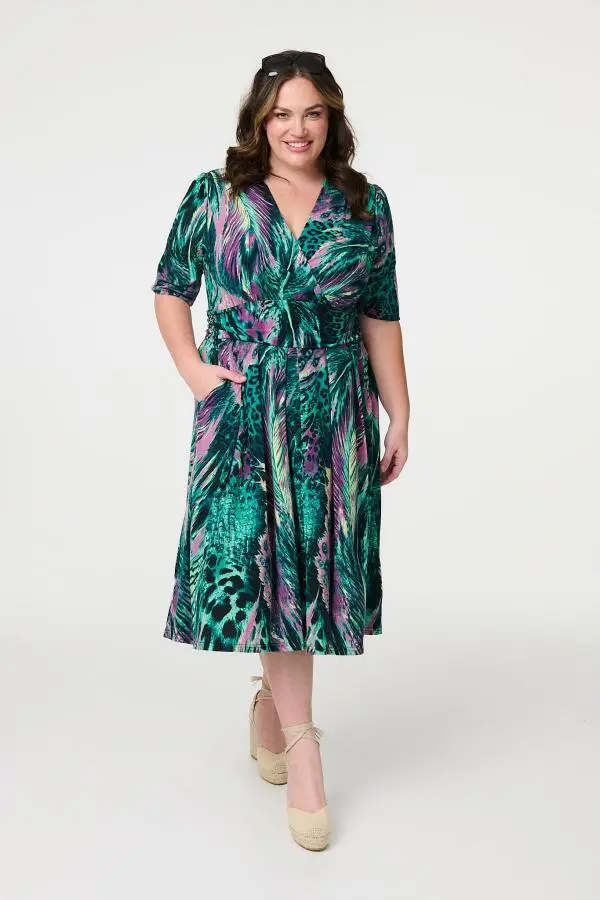 Feather Print 1/2 Sleeve Wrap Midi Dress